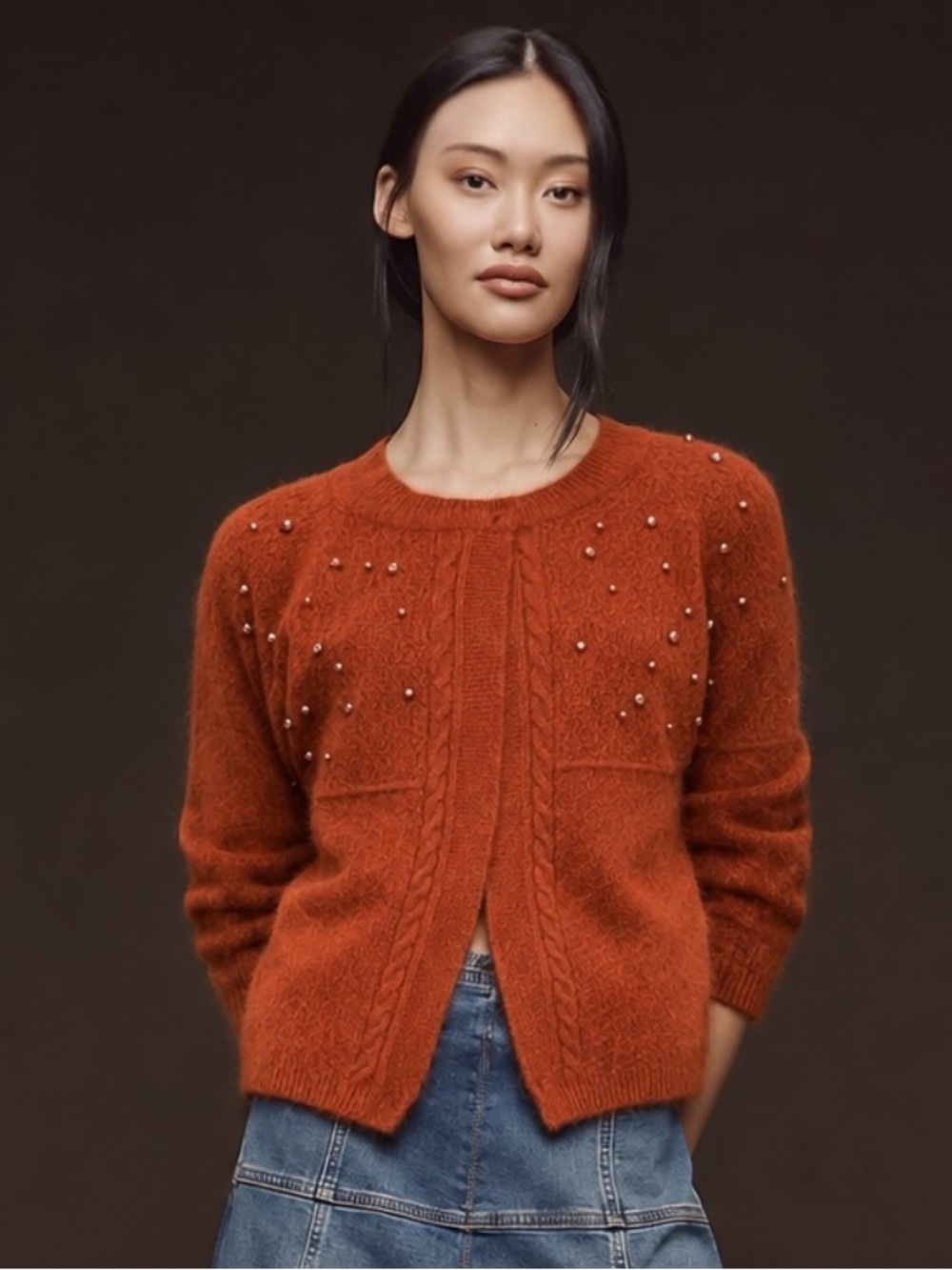 Vintage Pearl & Crystal Studded Angora Cardigan Sweater